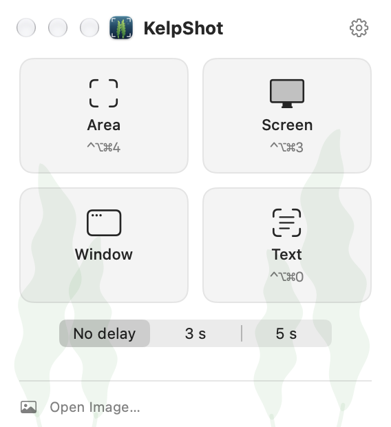 The KelpShot start window with Area, Screen, Window, and Text capture buttons